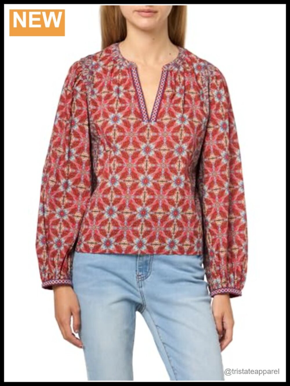 Women's Handkerchief Printed Cambric Cotton Split Neck Long Sleeve Blouse
